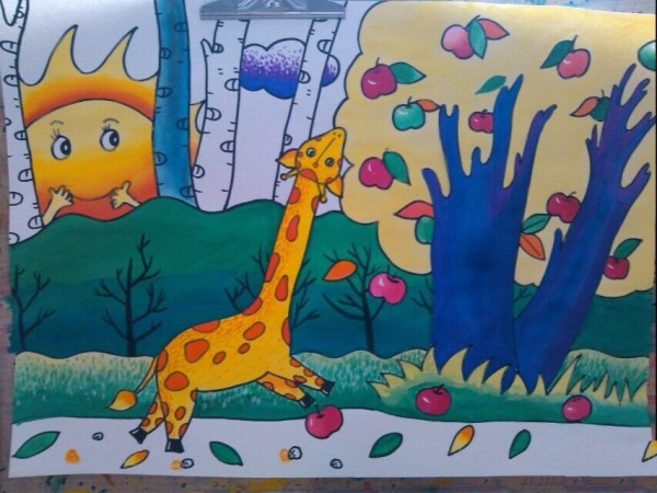 Childrens drawing of giraffe picking apples