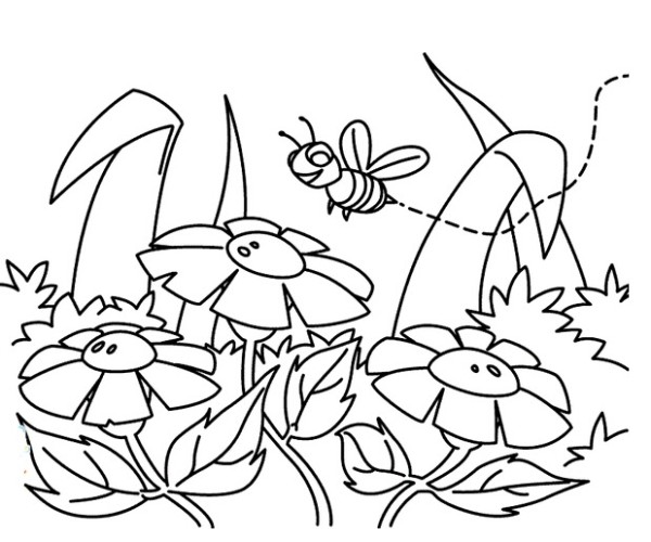 Childrens simple coloring landscape painting Bees in Spring