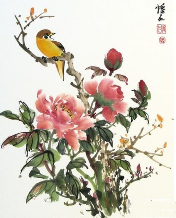 Peony flower and oriole bird freehand Chinese painting peony