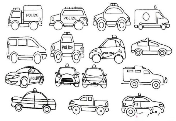 A collection of simple drawing pictures of police cars from all over the world