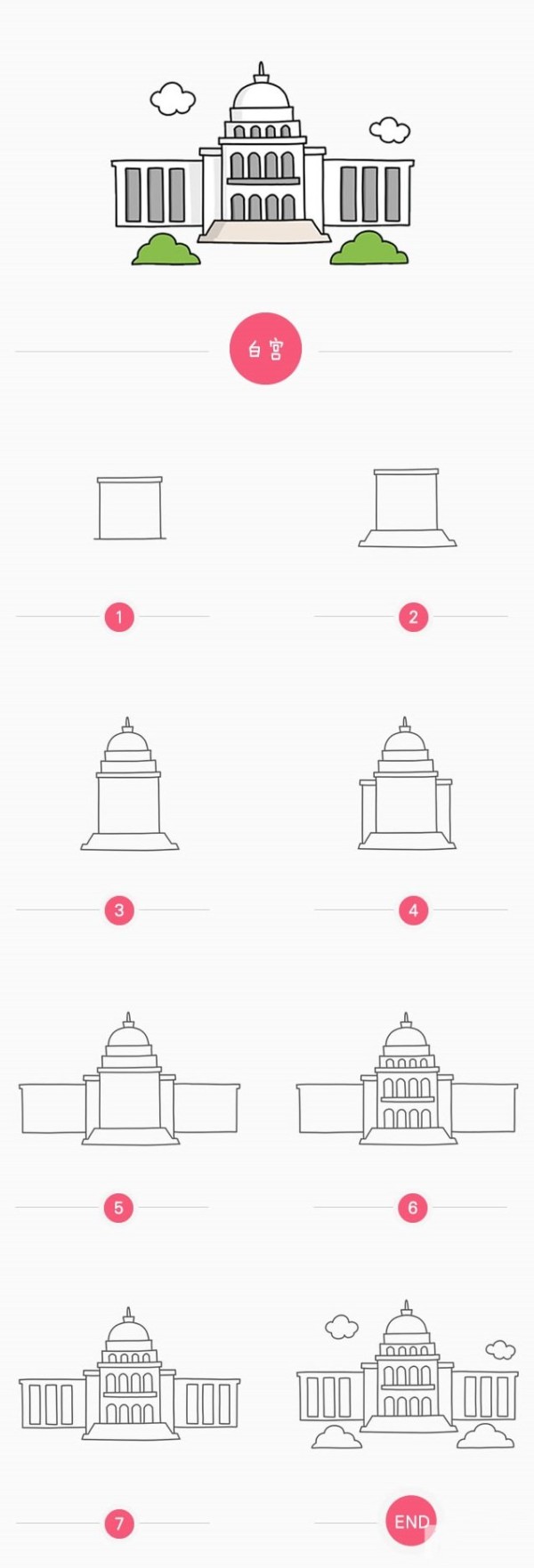 How to draw the White House in the United States with simple strokes