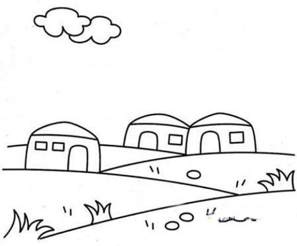 A complete picture of childrens simple drawings of three yurts