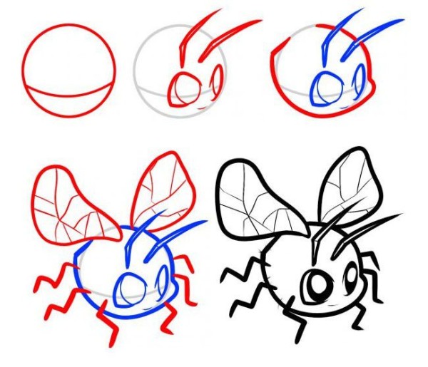 Step by step drawing of cartoon dragonfly