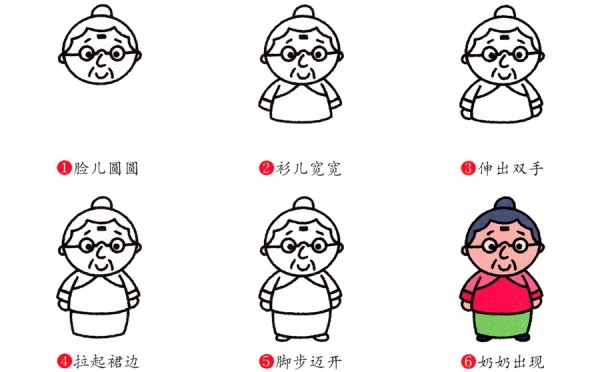 Simple drawing method of old grandma cartoon image