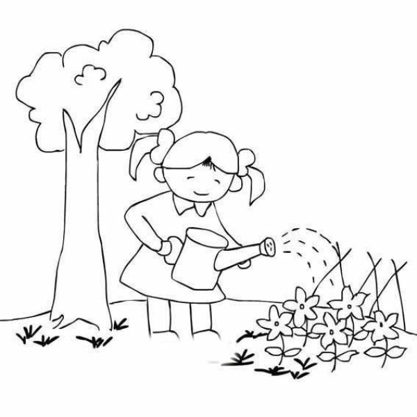 Simple drawing picture of little girl under the big tree