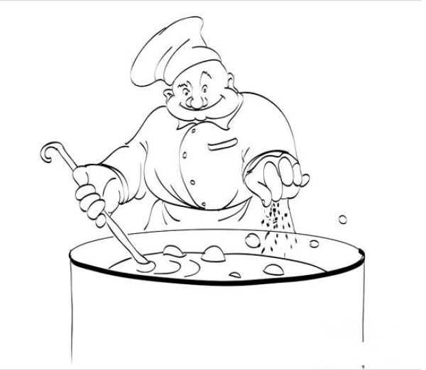 Simple drawing picture of chef cooking soup and seasoning