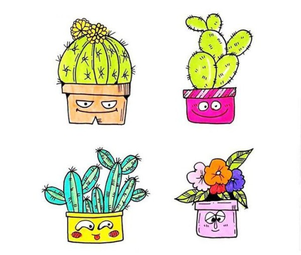 Cartoon cactus color simple drawing