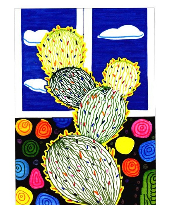 Childrens watercolor painting of plants, cactus