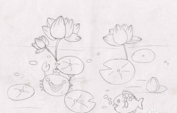 Simple drawing of charming lotus pond scenery