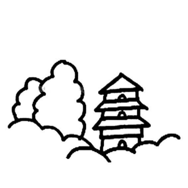 Simple drawing picture of tower on the mountain