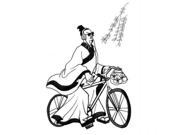 A simple drawing of Qu Yuan delivering rice dumplings on a bicycle