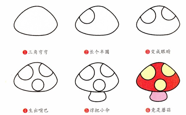 How to draw colorful mushrooms in simple strokes