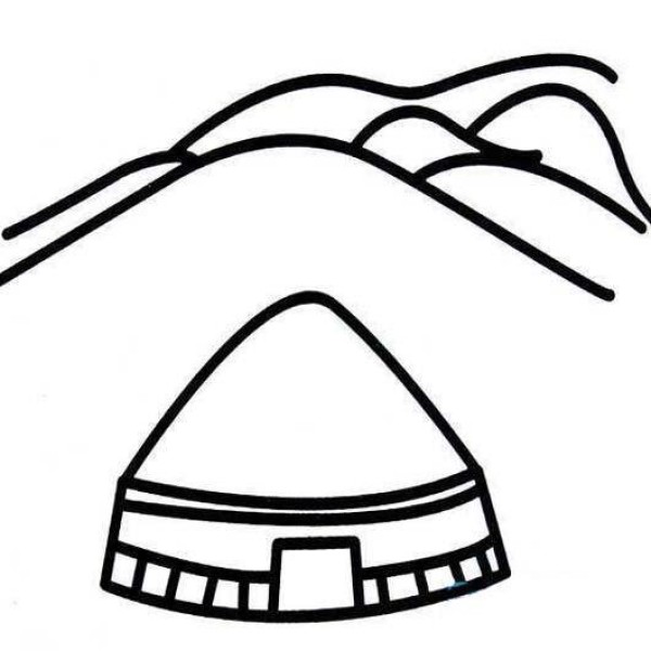 Simple drawing picture of yurt at the foot of the mountain