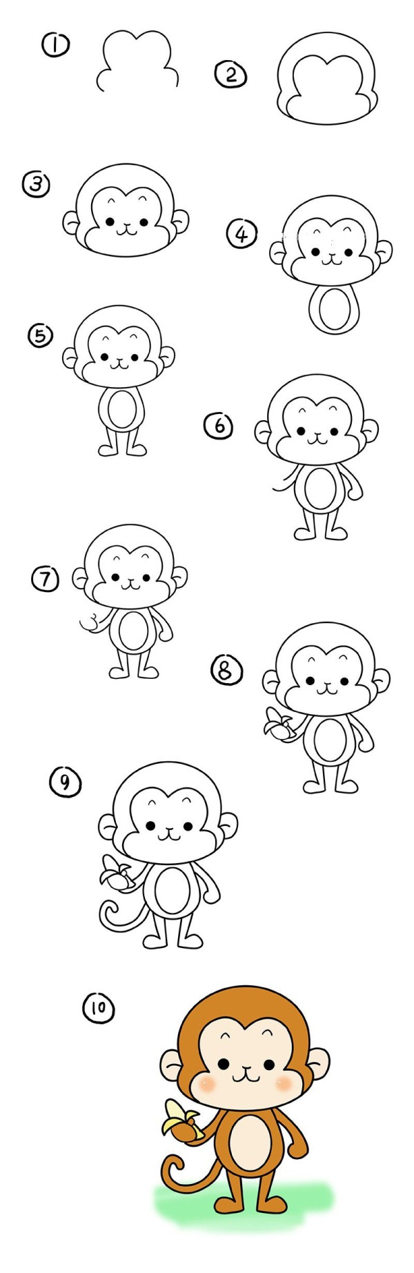 Step by step drawing of a little monkey eating a banana