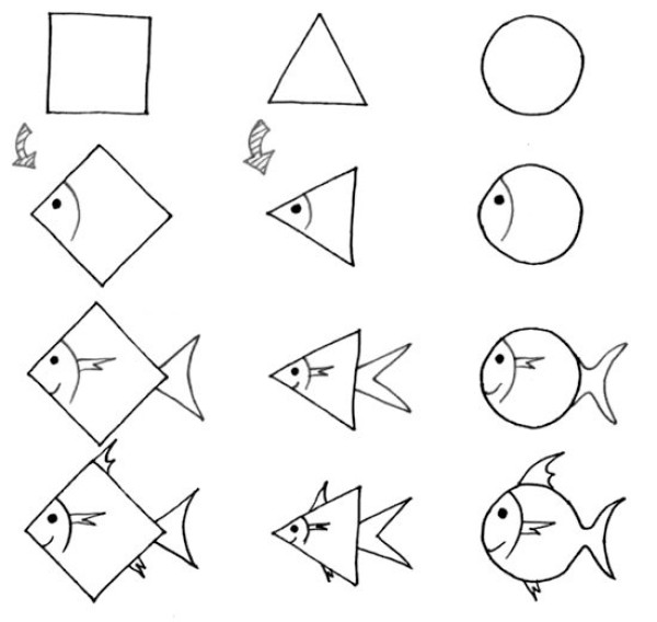 Simple drawings of small fishes in 3 shapes