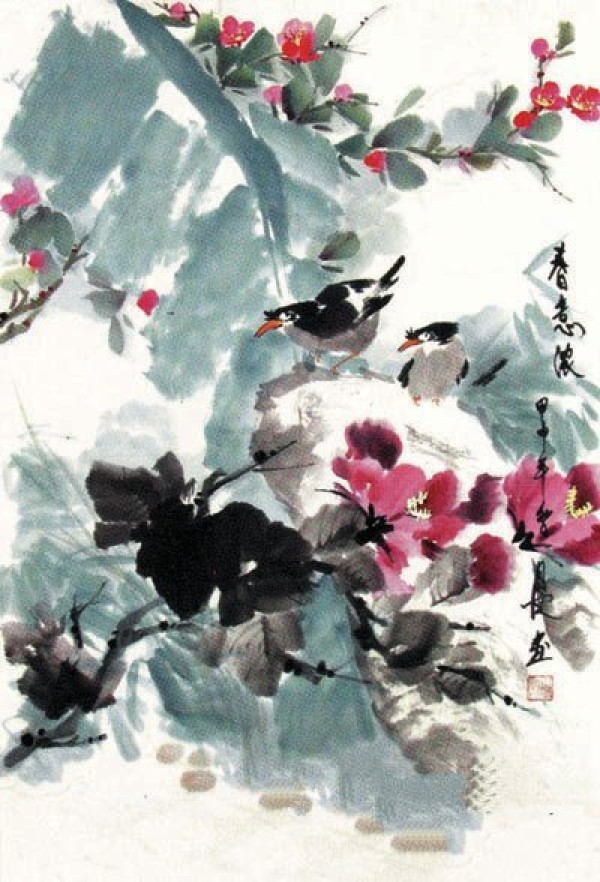 Appreciation of the Chinese painting flower and bird examination works with peonies blooming and spring feeling strong