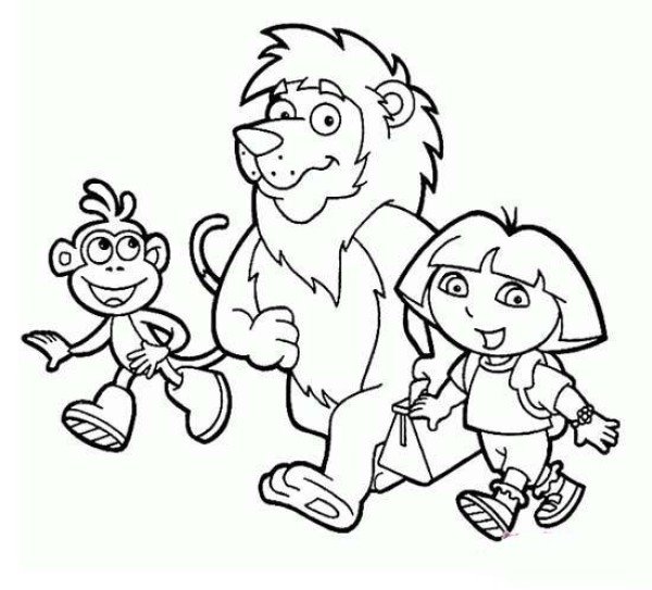 Childrens simple drawing pictures of Dora and the lion