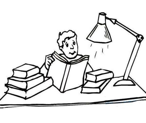 A complete collection of simple drawings of reading and studying scenes under the desk lamp