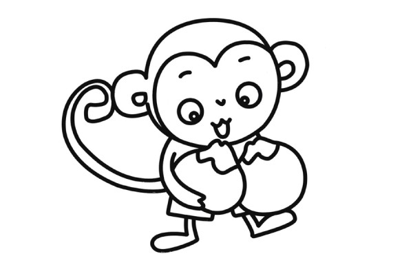 Simple drawing of cartoon little monkey eating peach