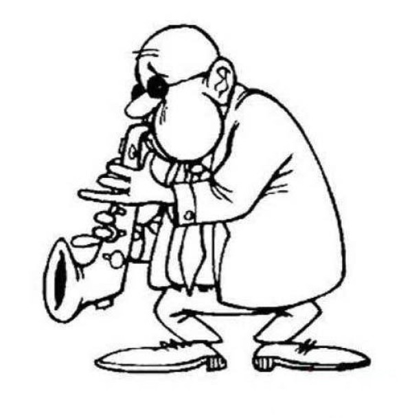 Simple drawing picture of bald man playing saxophone