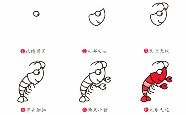 Step by step drawing method of simple strokes of red crayfish