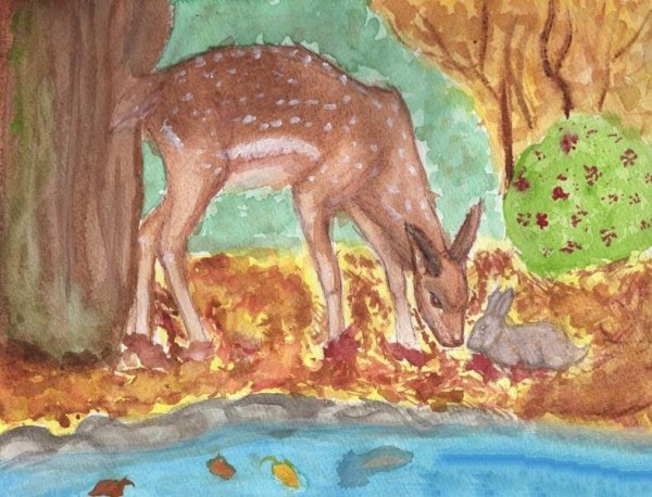 Appreciation of pictures of autumn scene paintings of sika deer in the woods