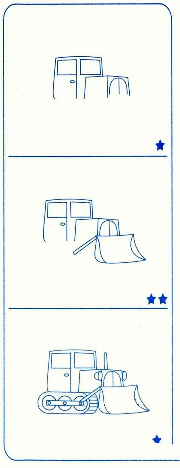 Bulldozer simple drawing tutorial step by step pictures: How to draw a bulldozer