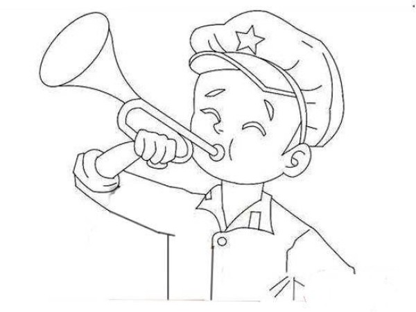 Simple drawing picture of young pioneers playing trumpet