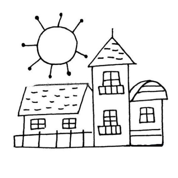 Simple drawing picture of sun and house