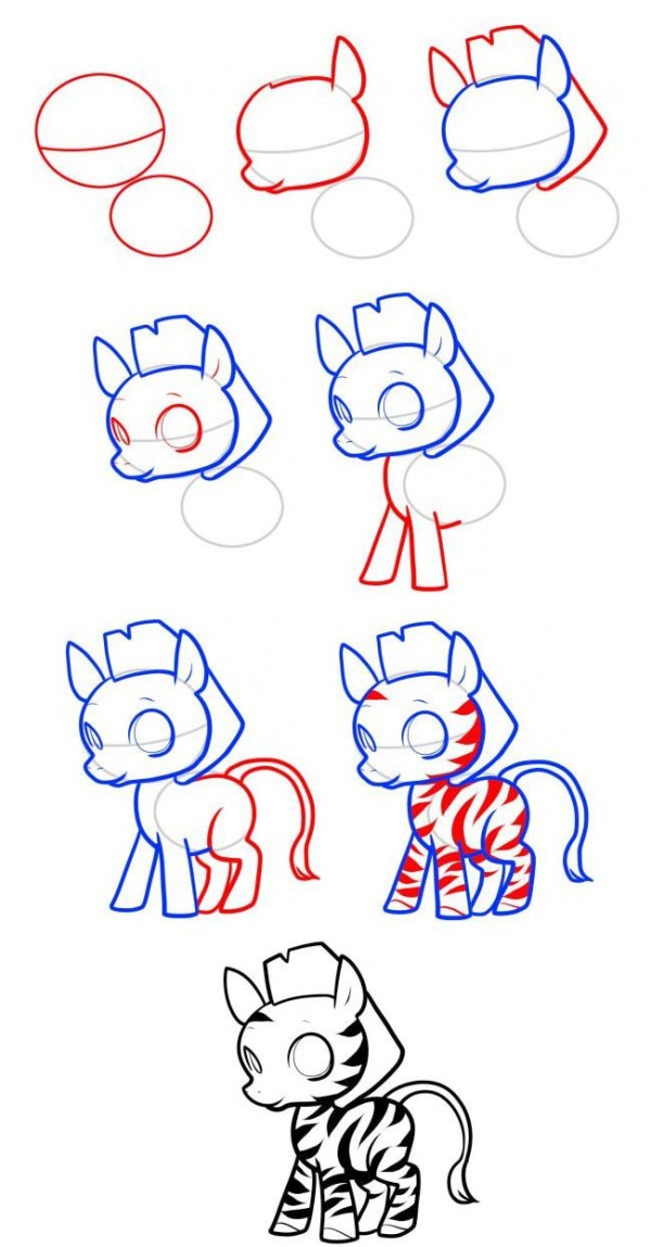 Simple drawing tutorial, step by step drawing of cartoon zebra