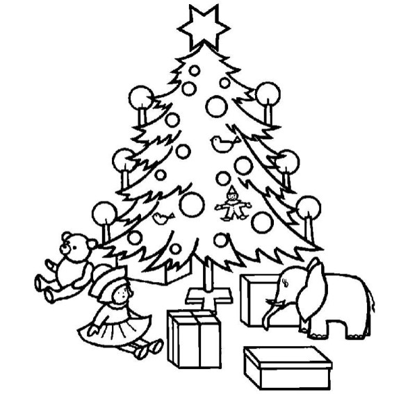 Childrens simple drawing of Christmas gifts under the Christmas tree