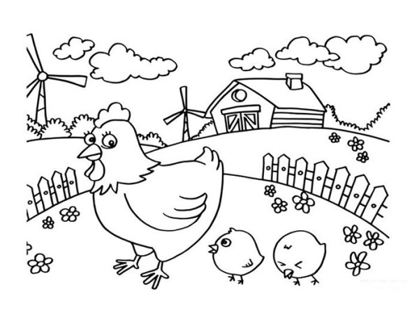 Simple drawing of chickens on the farm