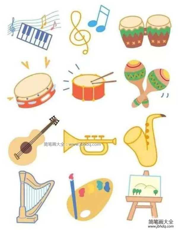 Simple drawing of colorful musical instruments