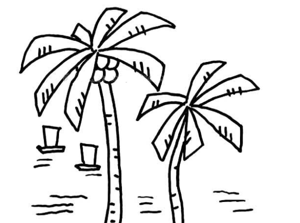 Simple drawing of boat and coconut tree