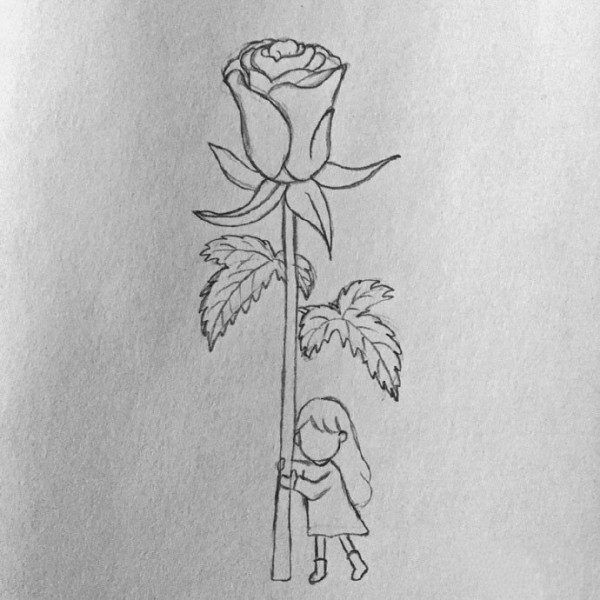 Step by step drawing of girl with rose flower