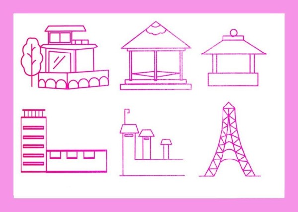 Childrens simple drawings of architecture pavilions and towers