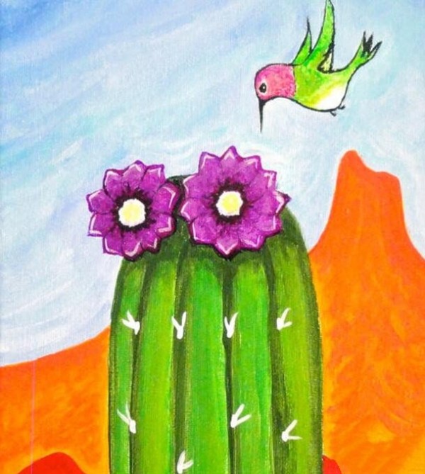 Childrens drawing pictures of cactus flowers and birds