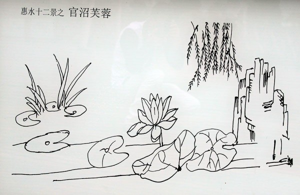 Simple strokes of willow tree in lotus pond