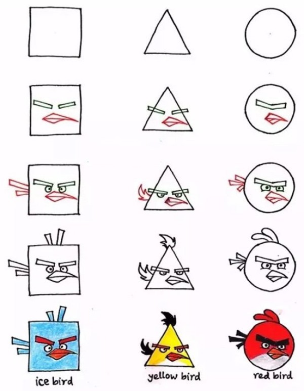 Three shapes of angry birds simple drawings