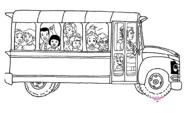 A collection of simple drawing pictures of a school bus full of students