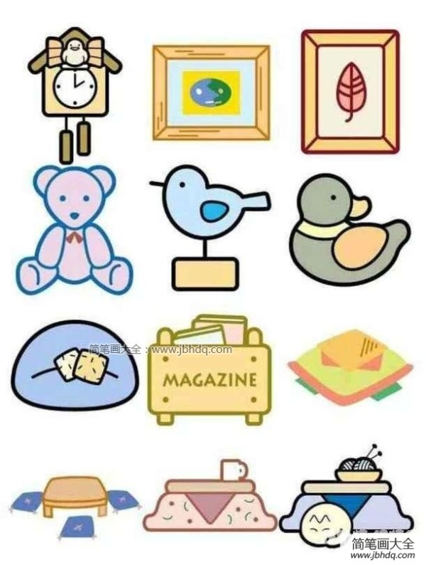 Colorful simple drawings of childrens household items