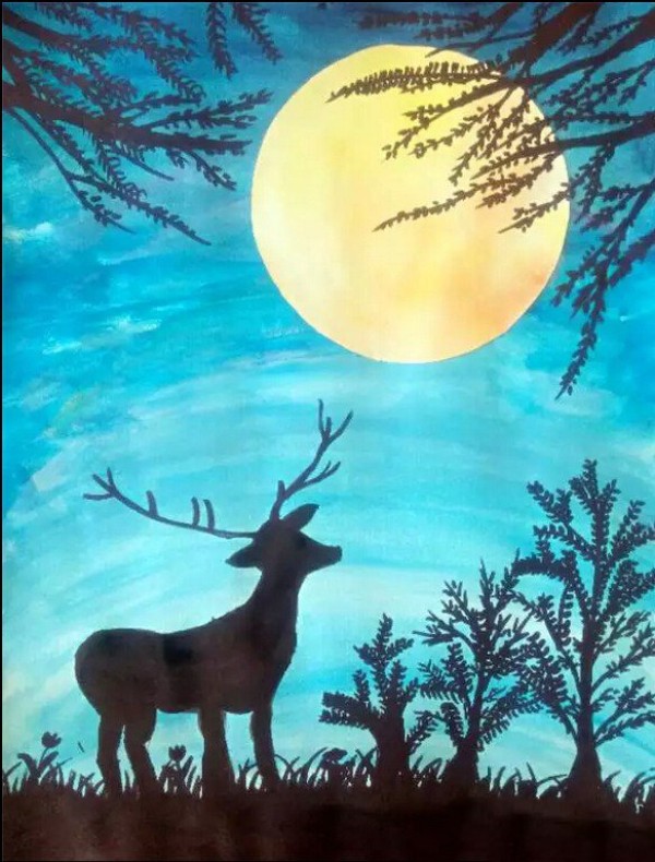 Elk looking at the moon, childrens paintings about the Mid-Autumn Festival