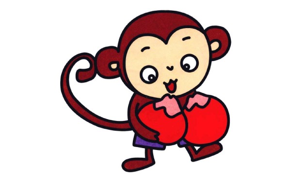 Simple drawing of cartoon little monkey eating peach