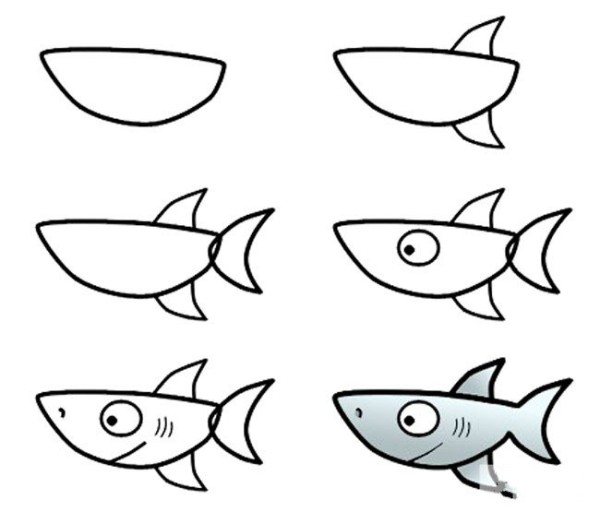 A complete collection of simple drawing tutorials for young children. Steps to draw a shark.