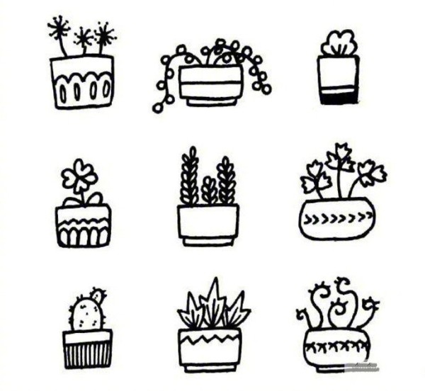 A complete collection of simple black and white sketches of potted plants