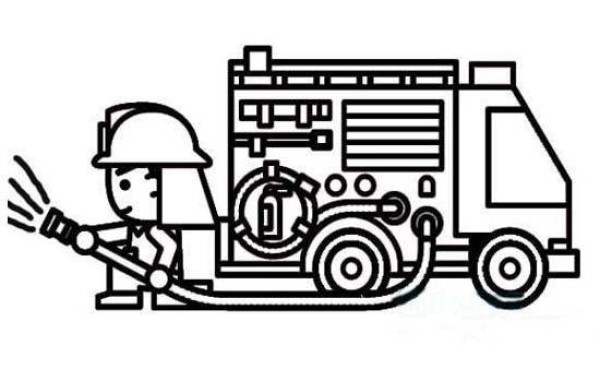 Simple drawing picture of fire truck and firefighters putting out fire