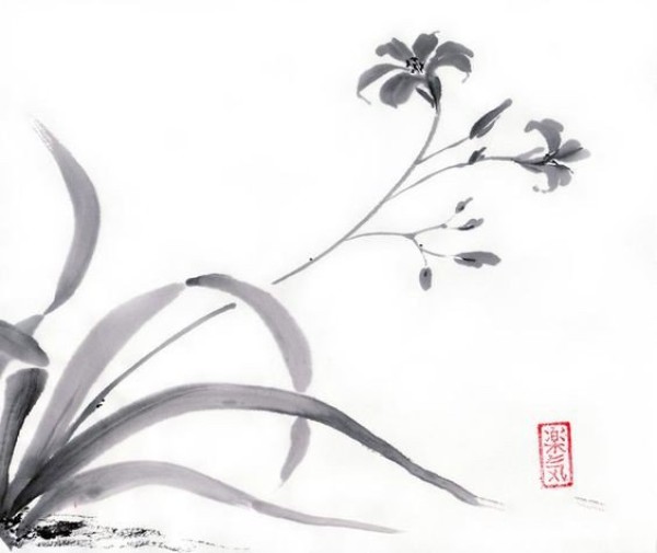 Lily of the Wild Ink Flower and Bird Painting