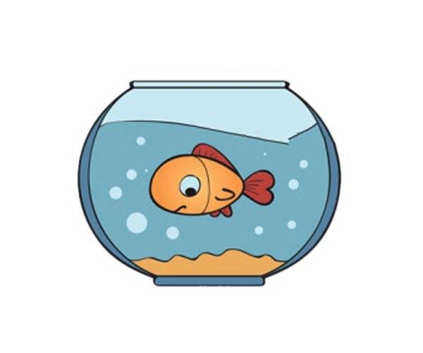 Simple drawing picture of cute little goldfish in the fish tank