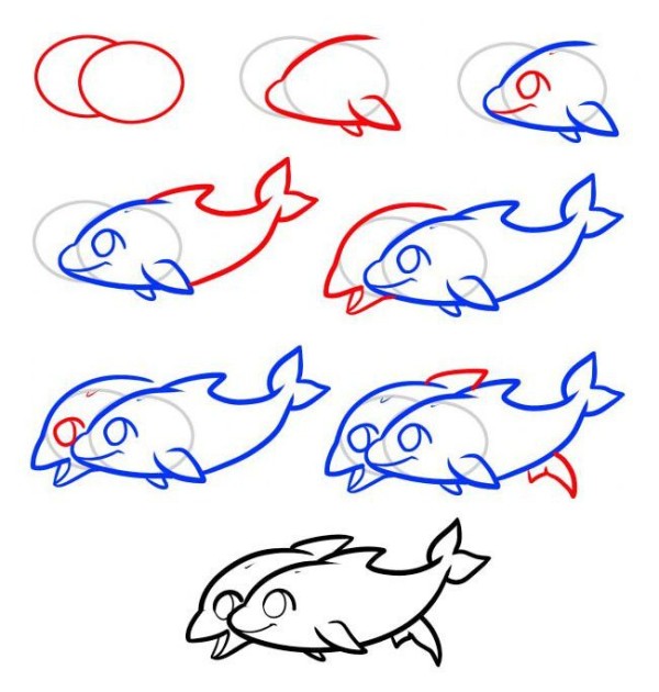 Two dolphins simple drawing tutorial