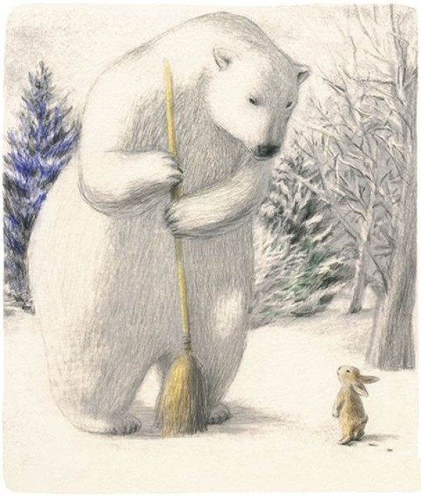 Cartoon winter snow scene painting of polar bear sweeping the ground